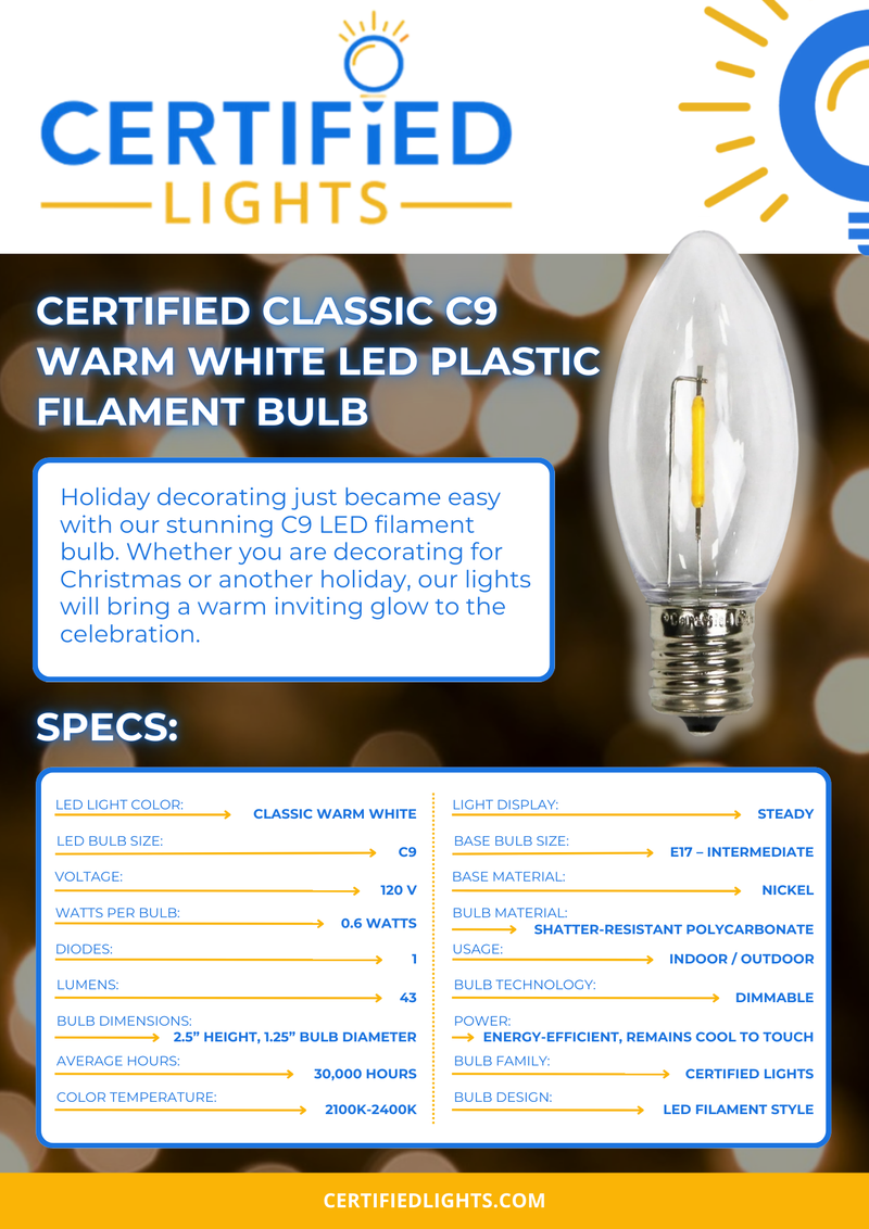Certified Lights spec sheet for C9 warm white LED plastic filament bulb with 0.6 watt output, shatter-resistant housing, and 2100K–2400K color temperature