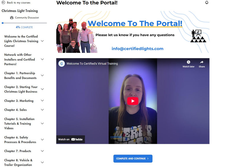 Screenshot of Certified Lights online Christmas light installer training portal with welcome video and course chapters on business setup, marketing, installation, and safety