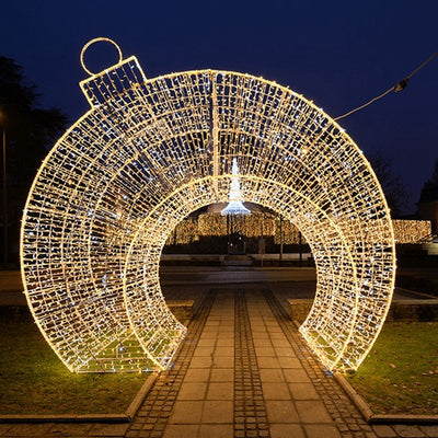 Picture of Certified Lights' Large outdoor Holiday Decorations. This is a oversized pre-lit walk-through Christmas ornament decoration with LEDs for commercial projects.