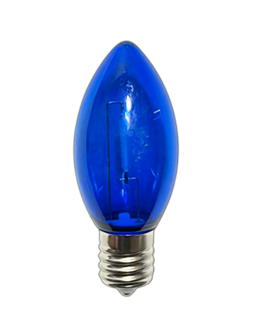 C9 blue LED filament Christmas bulb with transparent shell and E17 base, shown on transparent background for product listings or catalog use