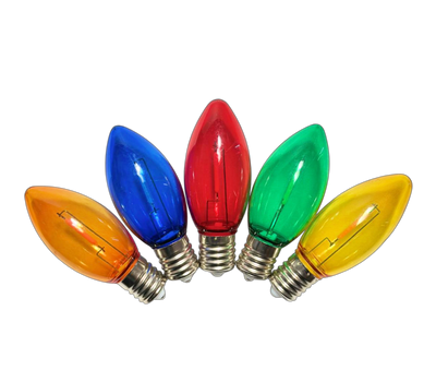 Assorted C9 LED filament Christmas bulbs in translucent red, green, blue, orange, and yellow with E17 bases, shown on transparent background for product display use