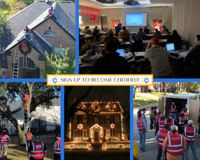 Collage showing Certified Lights installer training, hands-on outdoor practice, classroom instruction, and certified crew setup with sign-up call to action