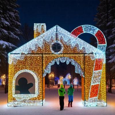 Front view of illuminated walk-through gingerbread house with giant candy cane and chimney, set up in a snowy park with children walking through at night