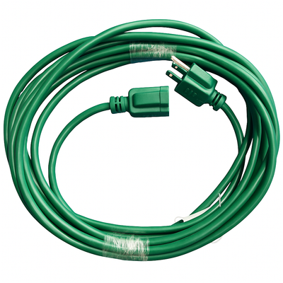 Heavy-duty green extension cord with grounded plug and socket, ideal for outdoor or holiday lighting use.