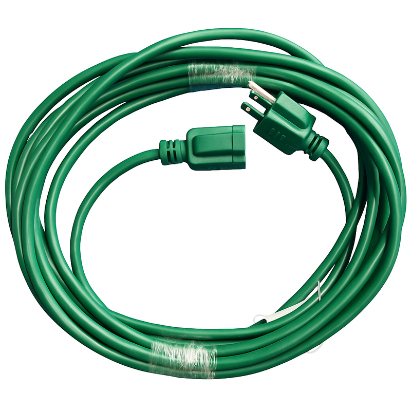 Heavy-duty green extension cord with grounded plug and socket, ideal for outdoor or holiday lighting use.