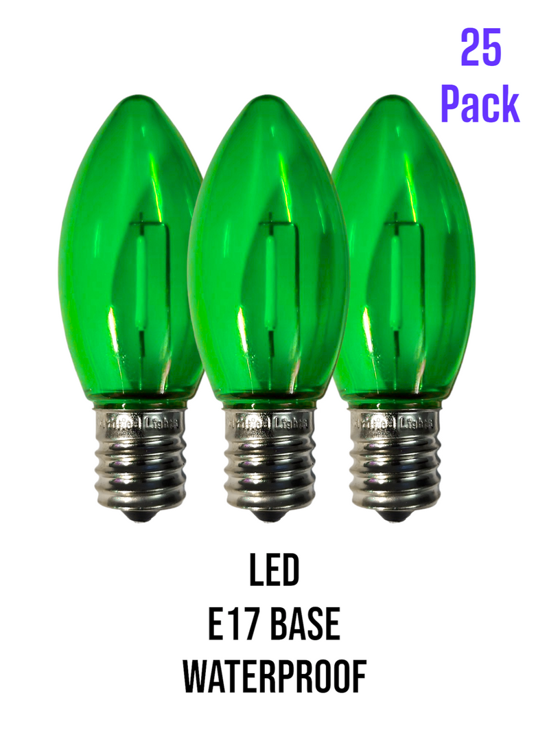 picture of multiple green plastic led bulbs for Christmas lights