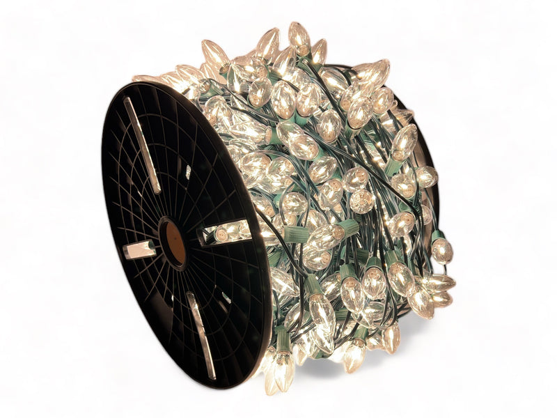 C9 Bulbed Sockets: 500’ 12” Spacing C9 Spool with Pre-Bulbed Certified Classic LED Warm White Filaments, SPT-1 Green Wire